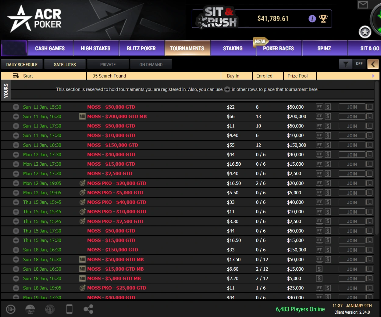 MOSS Schedule on ACR Poker 