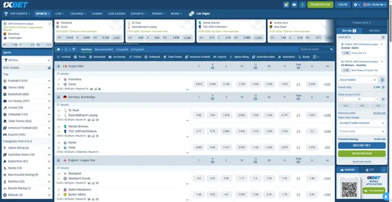 1xBet Sports Betting Page
