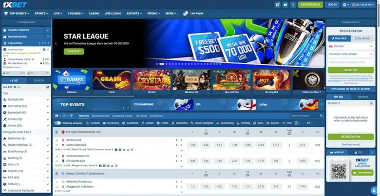 1xBet Sports Home Page