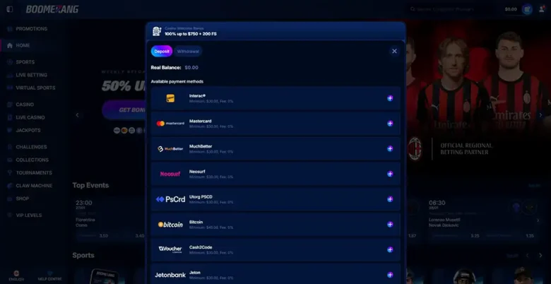 Boomerang Bet Casino Deposit Page