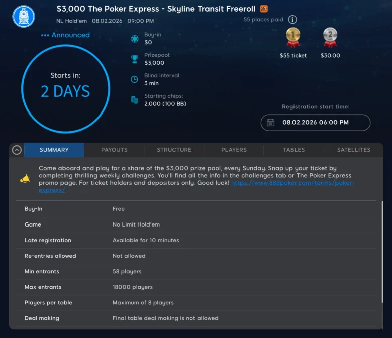 The Poker Express: $3,000 Skyline Transit Freeroll