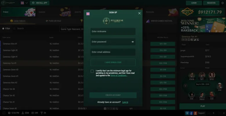 FullHouseCrypto Poker Registration Page