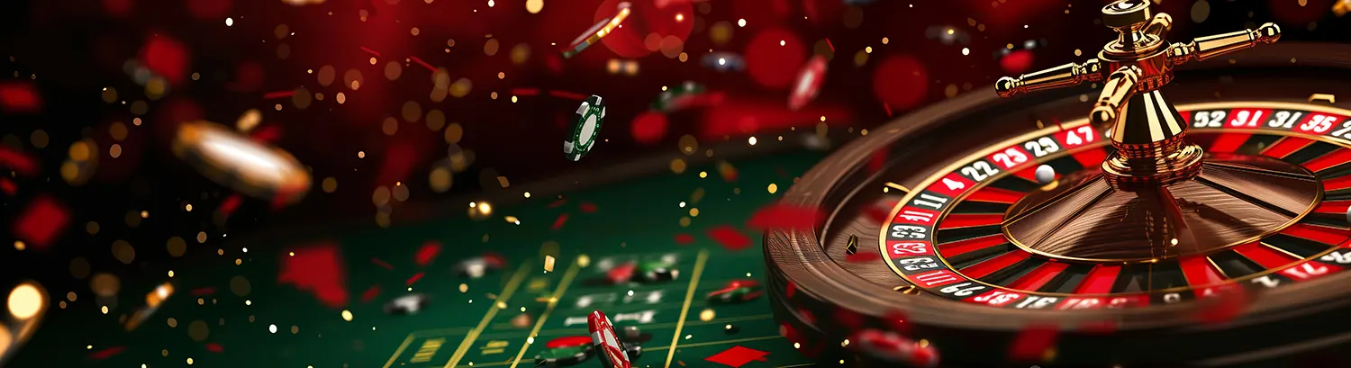 Red roulette wheel in action with flying chips and casino atmosphere