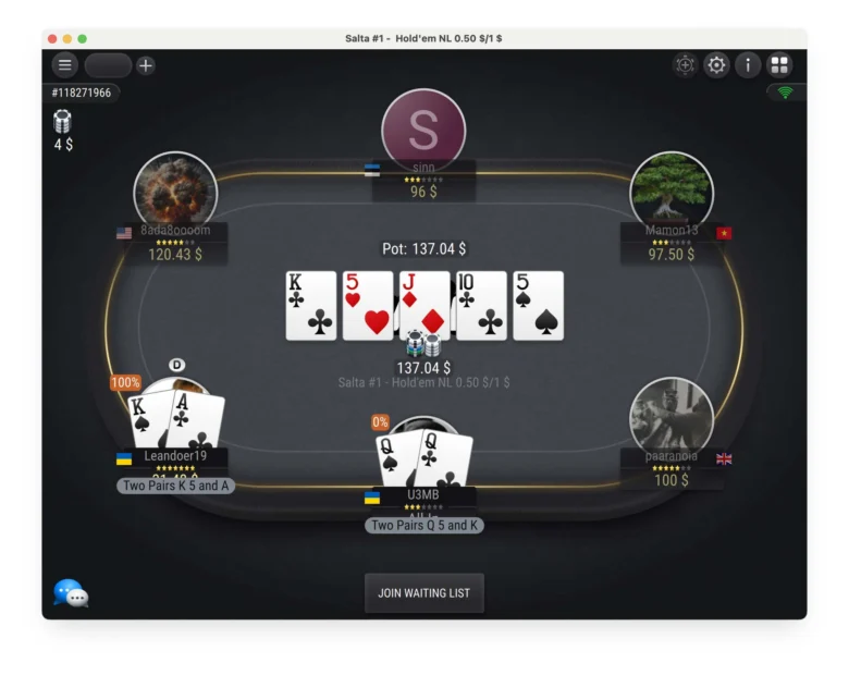 1Win Cash Game Table