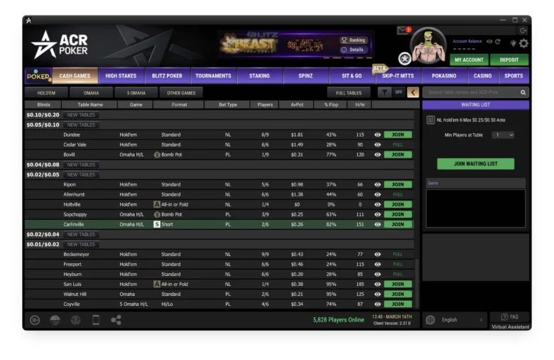 ACR Poker Lobby