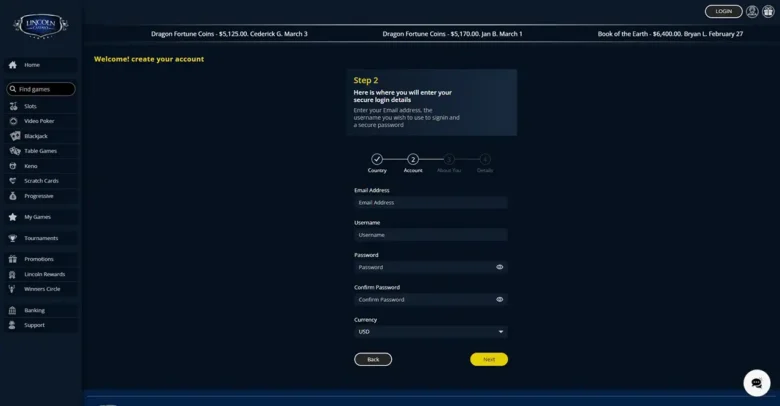 Lincoln Casino Registration Page