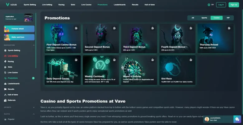 Vave Casino Promotions Page