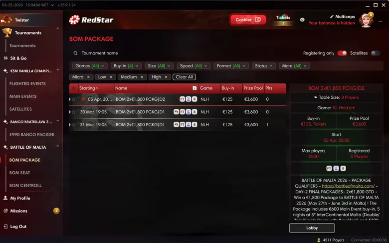 Battle of Malta Satellites in the RedStar Poker Lobby