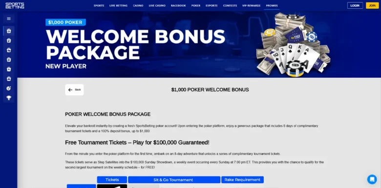 SportsBetting Poker welcome bonus page