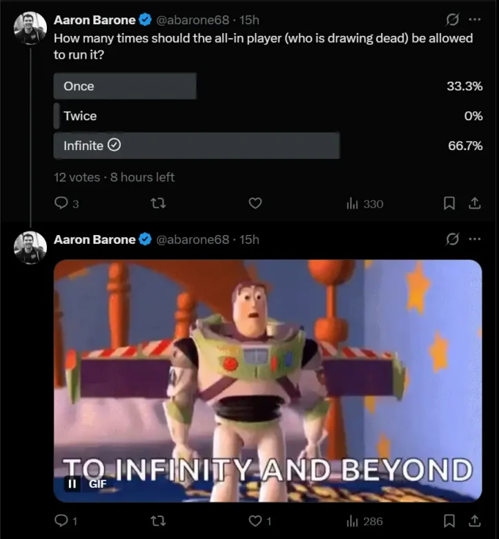 Aaron "abarone68" Barone's Poll on X Run It Twice