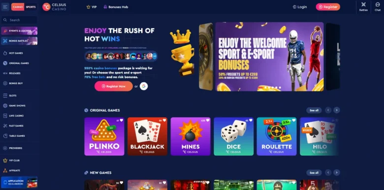 Interface de Celsius Casino montrant les promotions de bonus