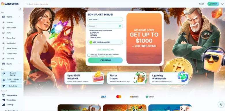 Dailyspins Casino main webpage
