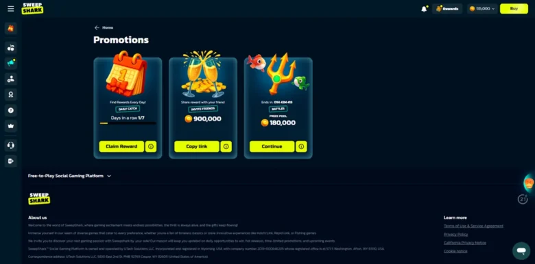SweepShark Casino Promotions section
