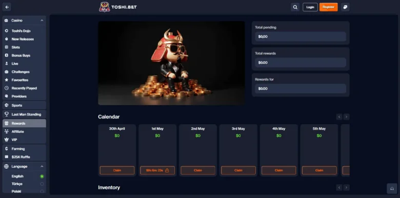 Toshi Bet Casino rewards page