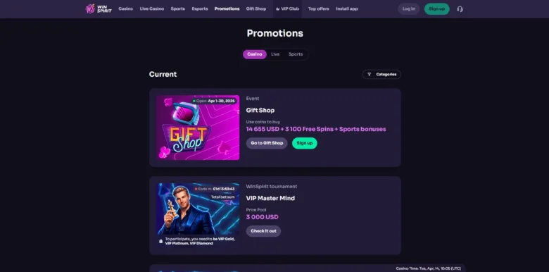 Winspirit Casino promotions section