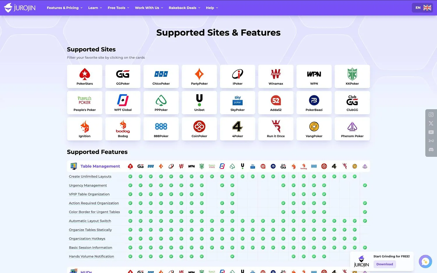Jurojin Poker supported sites & features