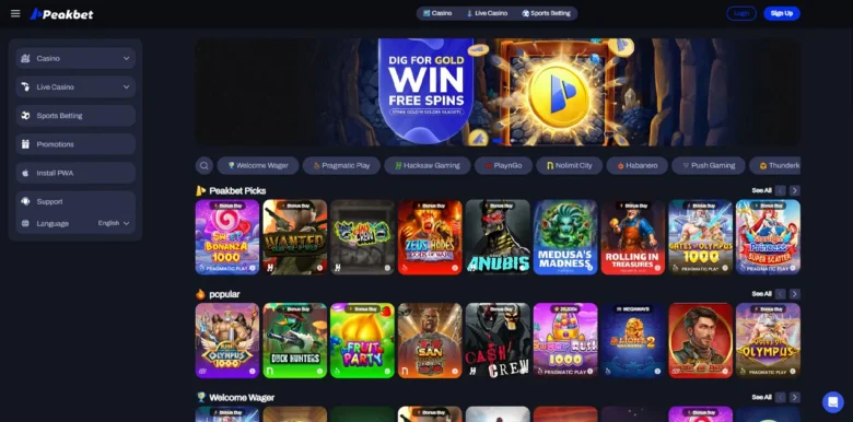 Peakbet casino main webpage