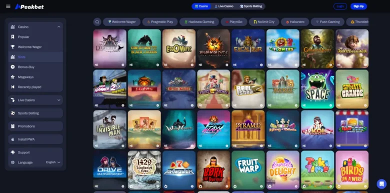 Peakbet casino slots games page