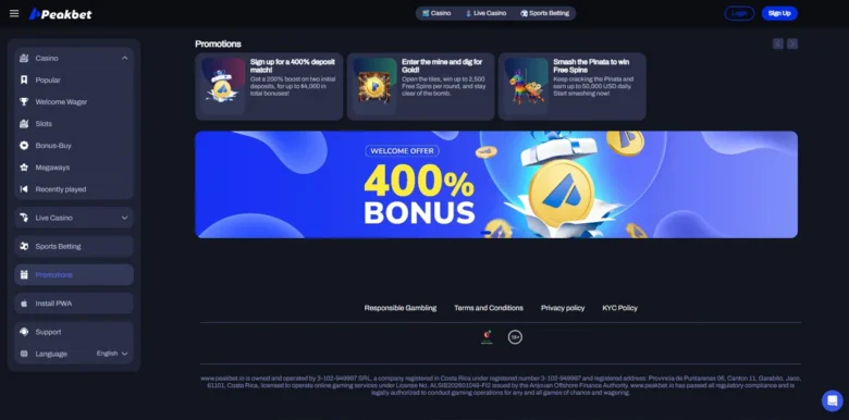 Peakbet casino promotions page