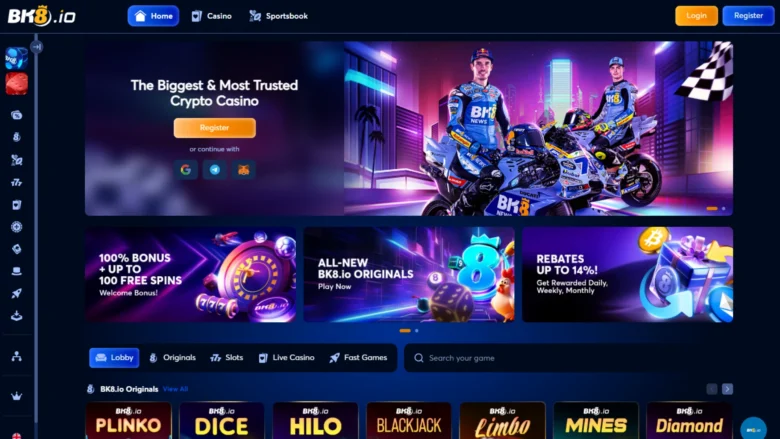 Screenshot of the BK8 home page