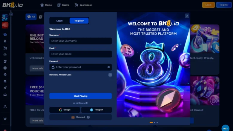 Screenshot of the BK8 registration page