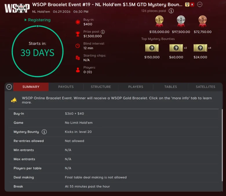 $400 WSOP Bracelet Event #19 - NL Hold’em $1.5M GTD Mystery Bounty