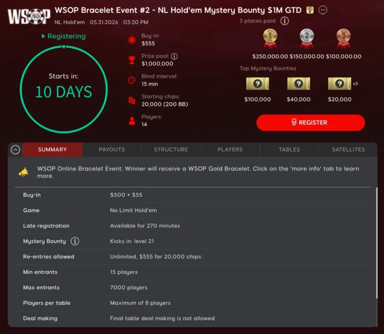 $555 WSOP Bracelet Event #2 - NL Hold’em Mystery Bounty $1M Gtd