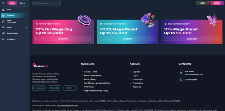 MagicianBet Casino promotions page