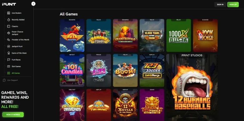 Punt Social Casino games page