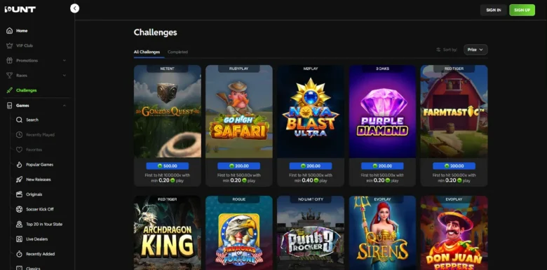 Punt Social Casino challenges page