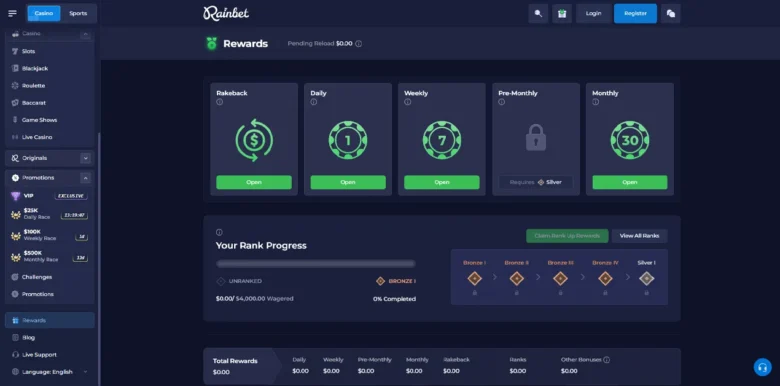 Rainbet Casino rewards page
