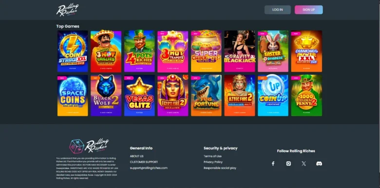 Rolling Riches Social Casino games page