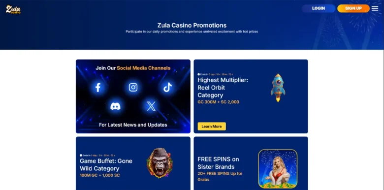 Zula Social Casino promotions page