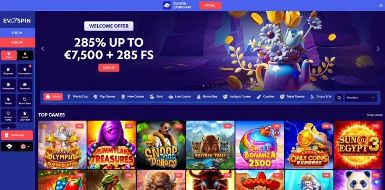 Evospin Casino main webpage