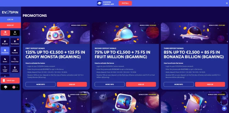 Evospin Casino promotions page