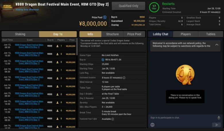 ¥888 Dragon Boat Festival main Event ¥8,000,000 GTD