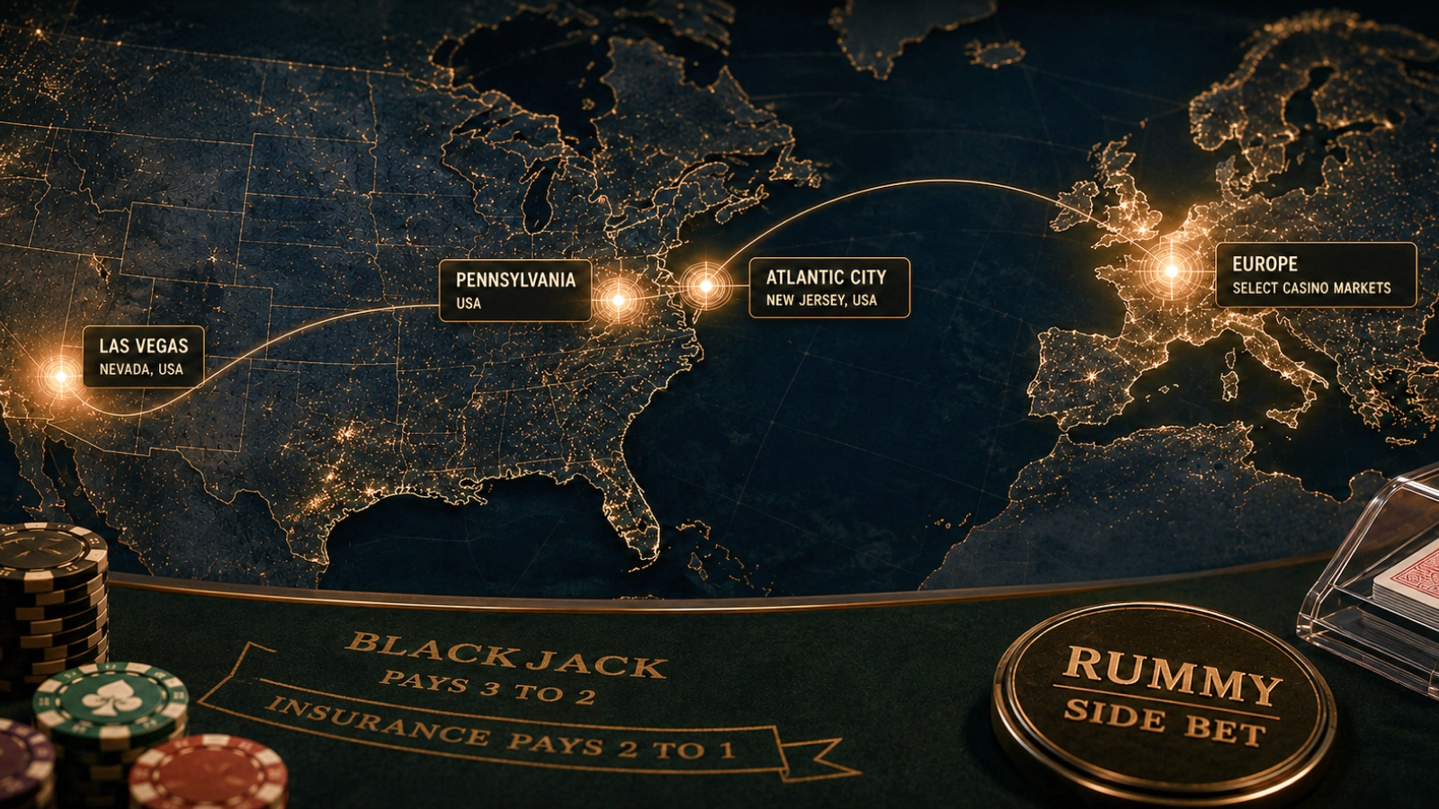 Map highlighting major casino markets where blackjack games with a Rummy side bet are available.