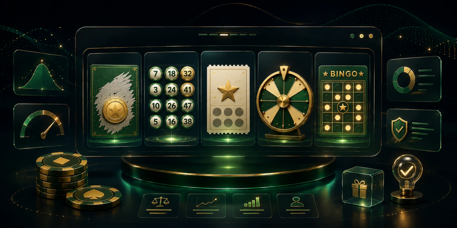 Instant Win Casino Games Explained – premium dashboard featuring scratch cards, keno, lottery games, prize wheel, and bingo.