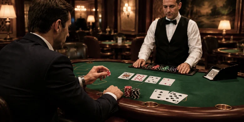 Player considering a blackjack rummy side bet at a luxury casino table with dealer and cards in view.