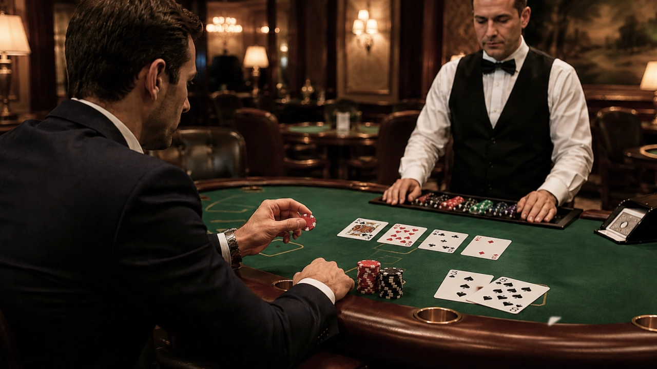 Blackjack player considering a Rummy side bet at a casino table.