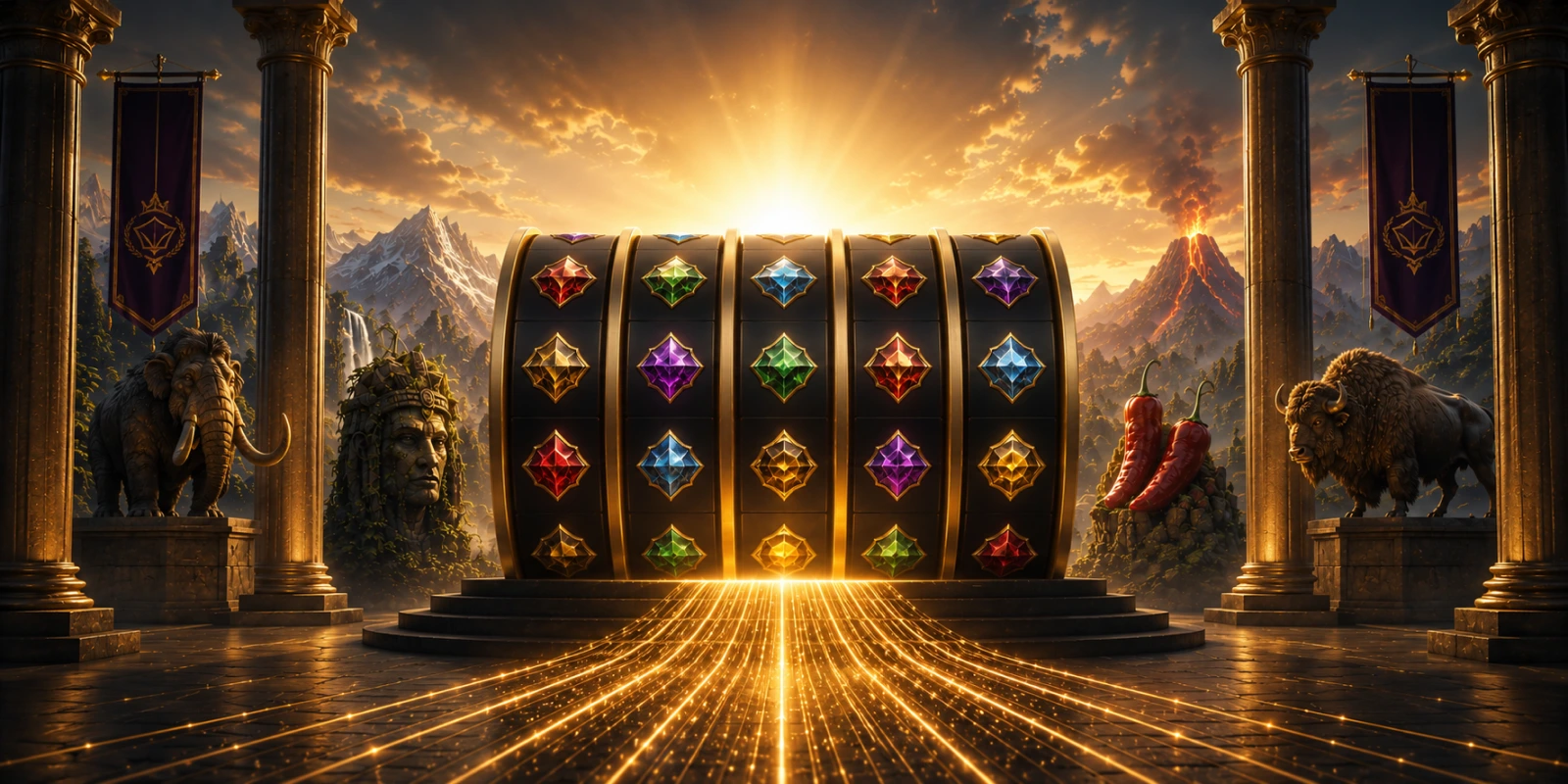 Top Megaways Slots 2026 featuring a premium five-reel slot machine surrounded by iconic Megaways-inspired themes.