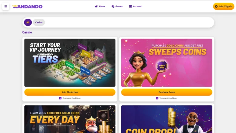 Wandando Social Casino Promotions page