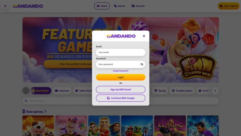 Wandando Social Casino login page