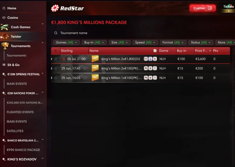 €1,800 King's Million Package on RedStar Poker