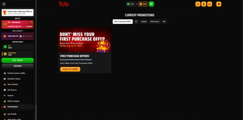 Rolla Social Casino promotions page