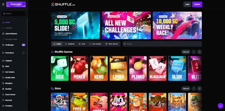 Shuffle.us Social Casino main webpage