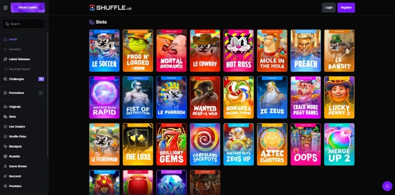 Shuffle.us Social Casino slots page