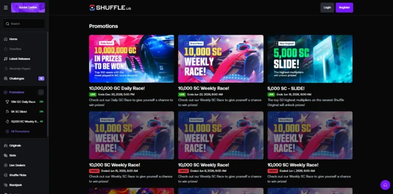 Shuffle.us Social Casino promotions page
