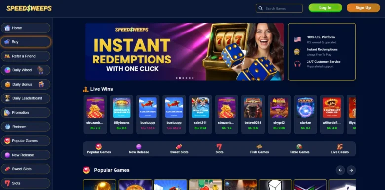 SpeedSweeps Social Casino main webpage