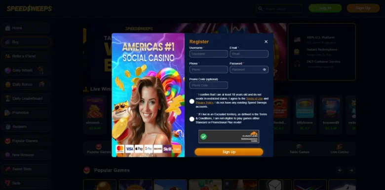 SpeedSweeps Social Casino sign up